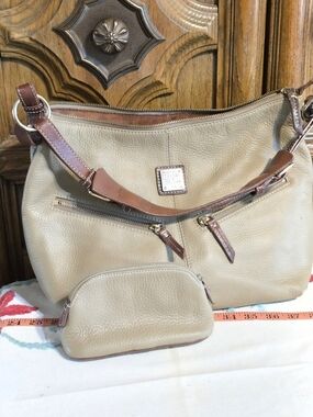 Dooney & Bourke Beige Pebble Leather Shoulder Bag with Brown Trim